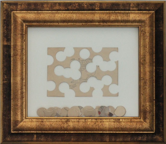 Ricardo Rendón .- Intervención de Obra (Miró: Femme Ouseau Et Chien Devant Le Soleil). 2011. Grabado falso perforado, 21 x 28 cms
