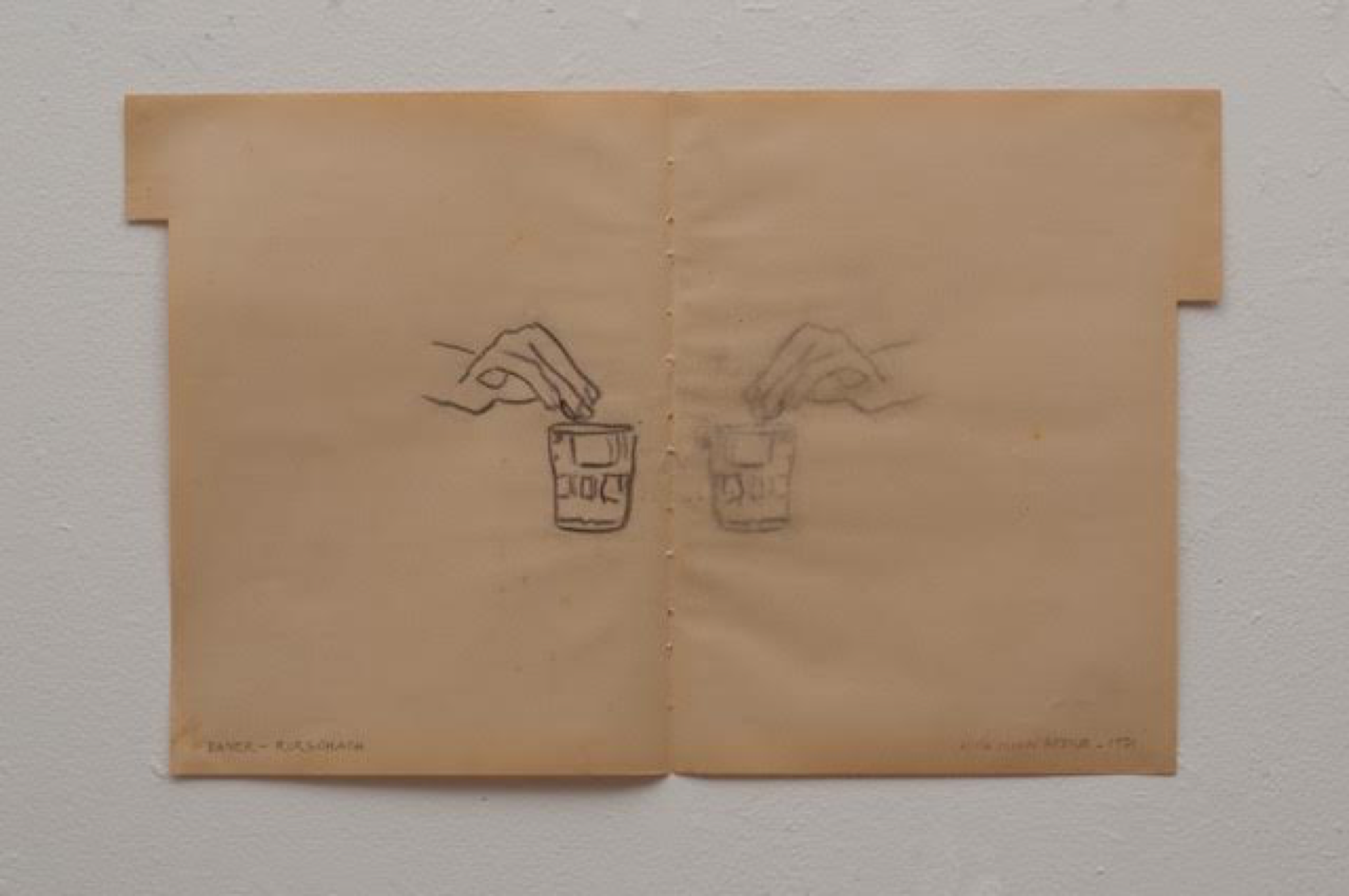 Alicia Mihai Gazcue - Bayer-rorschach. 1971. Carboncillo sobre páginas de un libro de copiar cartas de la compañía Bayer. 27,94 x 22,86 cm.
