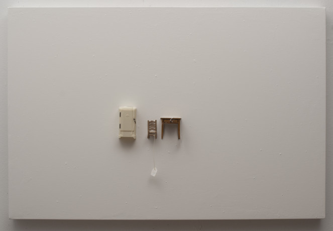 Liliana Porter - For Sale (refrigerator Chair Table).  2018.  Acrilico y ensamblaje sobre lienzo. 71 x 91,4 x 8,9 cm