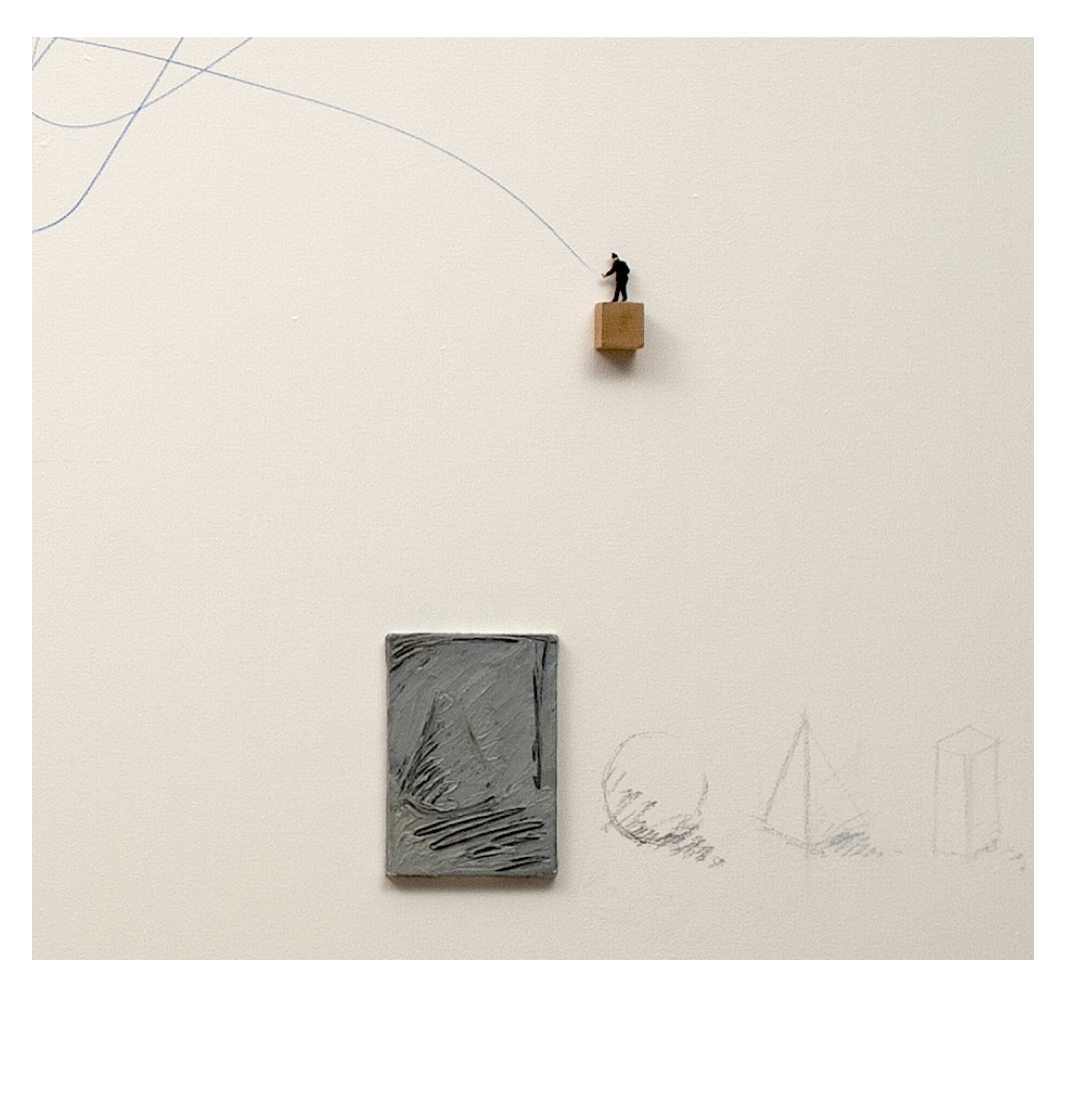 Liliana Porter - Situations With Scribble. 2020. Acrílico y ensamblaje sobre lienzo. 152,4 x 182,88 cm. Detalle 1